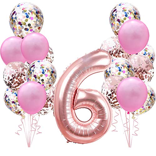 Geburtstagsdeko Rose Gold für 6.Mädchen Set:Riesen Roségold Helium Folienballons Zahl 6 (Zahlen 100cm)& Rosa Ballon & Konfetti Luftballons für 6 Jahre Kinder Junge Tochter Geburtstag Party Dekoration von linjinde