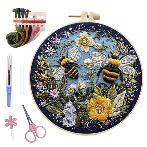 lisutupode Biene Blumen Stickset Für Anfänger, 15 cm Stickerei StarterKits Mit Mustern, Erwachsene Stickset, Blumenmuster Pflanzen Embroidery Kit, Kreuzstich Set Mit Bambus Stickrahmen von lisutupode