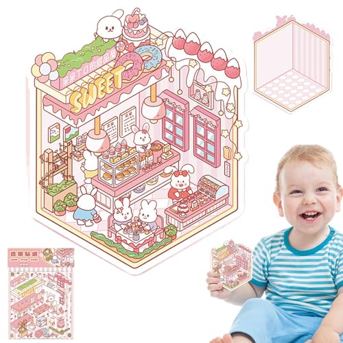 lisutupode Miniaturhausaufkleber, Hausaufkleber kreative Miniatur - 3D Effect Landscaping Decals,Landschaftsbau -Szenenabziehbilder, Cartoon Scrapbooking Decoration Tool für Kinder von lisutupode