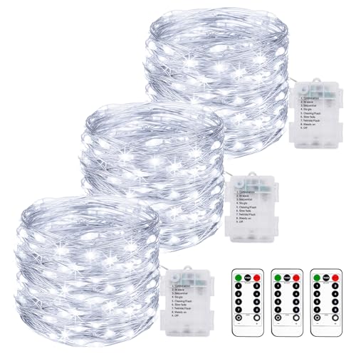 【3 Stück】 LED Lichterkette Batterie mit Fernbedienung,10M 100LED Lichterkette Akku mit Timer 8 Modi IP65 Wasserdichte Lichterketten Außen Kaltweiß Lichterkette Draht für Weihnachten Innen Aussen Deko von litogo