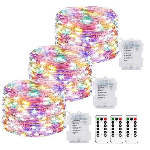 【3 Stück】 LED Lichterkette Batterie mit Fernbedienung,10M 100LED Lichterkette Akku mit Timer 8 Modi IP65 Wasserdichte Lichterketten Außen Lichterkette Draht für Weihnachten Innen Aussen Deko, Bunt von litogo