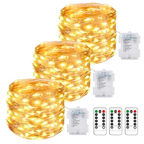 【3 Stück】 LED Lichterkette Batterie mit Fernbedienung,10M 100LED Akku mit Timer 8 Modi IP65 Wasserdichte Lichterketten Außen Warmweiß Draht für Weihnachten Innen Aussen Deko von litogo