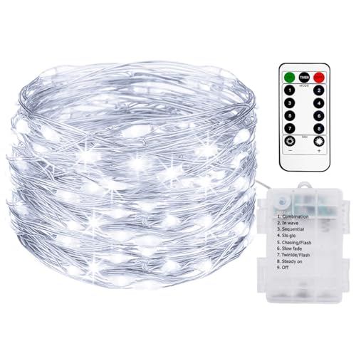 litogo 1 Stück 10M 100LED Lichterkette Batterie mit Fernbedienung, Lichterkette Akku mit Timer 8 Modi IP65 Wasserdichte Lichterketten Außen Kaltweiß Lichterkette Draht für Innen Aussen Deko von litogo