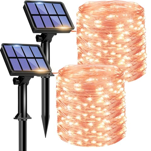 litogo 2 Stück Solar Lichterkette Aussen, 12M 120 LED Lichterkette Außen Wasserdicht KupferDraht 8 Modus Solarlichterkette Deko für Garten, Balkon, Terrasse, Tor, Hof, Hochzeit, Party (Orange) von litogo