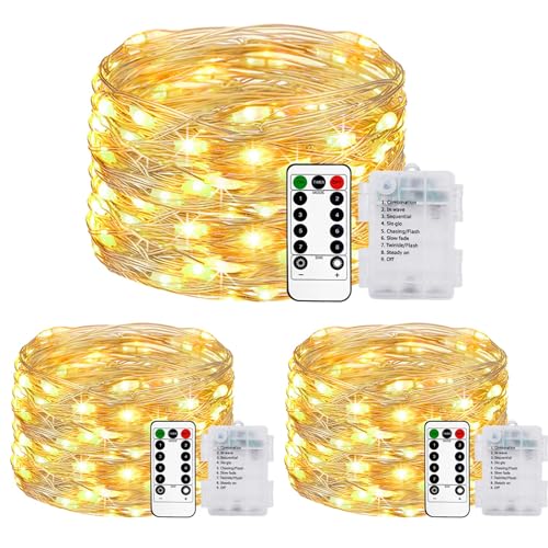 litogo 3 Stück Lichterkette Batterie, 5M 50 LED Lichterkette Batterie mit Timer & Fernbedienung 8 Modi Wasserdicht Warmweiß Lichterkette Draht für Innen/Außen Weihnachten Garten Party Hochzeit Deko von litogo