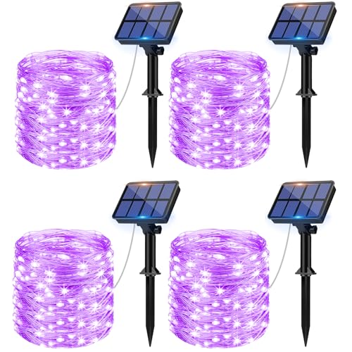 litogo [4 Stück Solar Lichterkette Aussen, 12M 120Led Lichterkette Solarlichterkette für Außen Wasserdicht KupferDraht Outdoor lichterkette Deko Draußen 8 Modus für Balkon, Weihnachten Violett von litogo