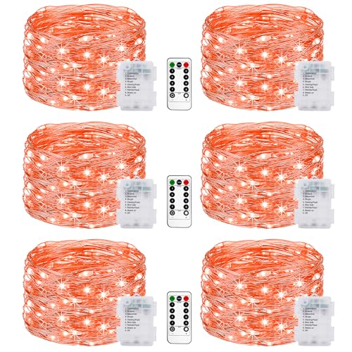 litogo 6 Stück Lichterkette Batterie, 5M 50 LED Lichterkette Batterie mit Timer & Fernbedienung 8 Modi Wasserdicht Lichterkette Draht für Innen/Außen Weihnachten Garten Party Hochzeit Deko,Orange von litogo