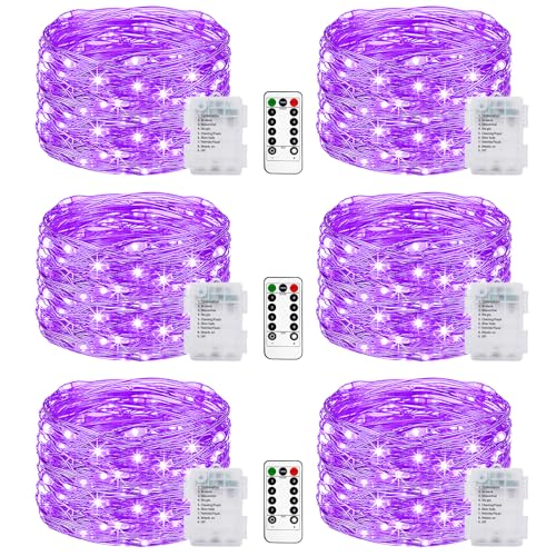 litogo 6 Stück Lichterkette Batterie, 5M 50 LED Lichterkette Batterie mit Timer & Fernbedienung 8 Modi Wasserdicht Lichterkette Draht für Innen/Außen Weihnachten Garten Party Hochzeit Deko,Violett von litogo