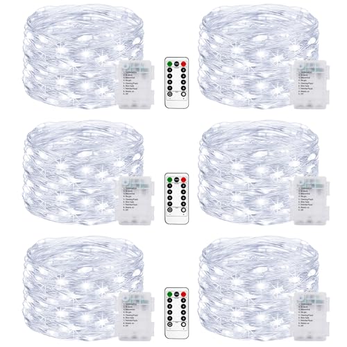 litogo 6 Stück Lichterkette Batterie, 5M 50 LED Lichterkette Batterie mit Timer & Fernbedienung 8 Modi Wasserdicht Lichterkette Draht für Innen/Außen Weihnachten Garten Party Hochzeit Deko, Kaltweiß von litogo