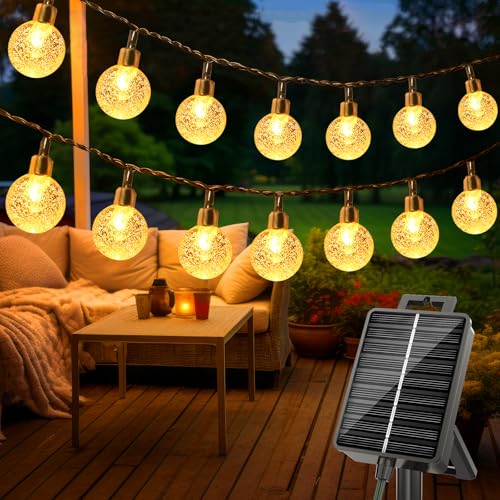 litogo Solar Lichterkette Aussen, 15M LED Lichterkette Außen Solar Wetterfest, 8 Modi Kristall Kugeln mit Memory-Funktion, Solarlichterkette Outdoor für Balkon, Garten, Terrasse, Partys, Warmweiß von litogo