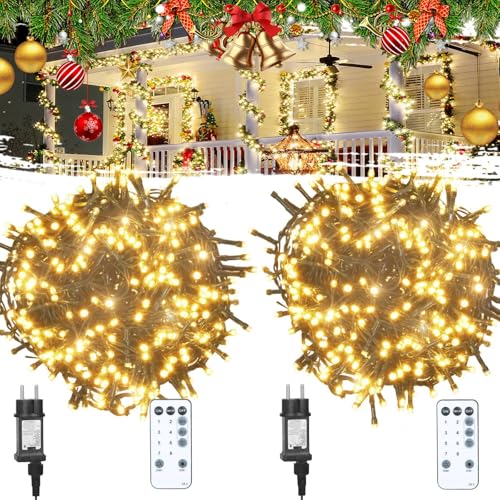 litren (2 Stück) 31M 210LEDs Lichterkette Innen mit Stecker Cluster Lichterkette Warmweiß Weihnachtsbaum Beleuchtung mit Fernbedienung, Timer, 8 Modi, IP65 Wasserdicht für Aussen/Innen Weihnachtsdeko von litren