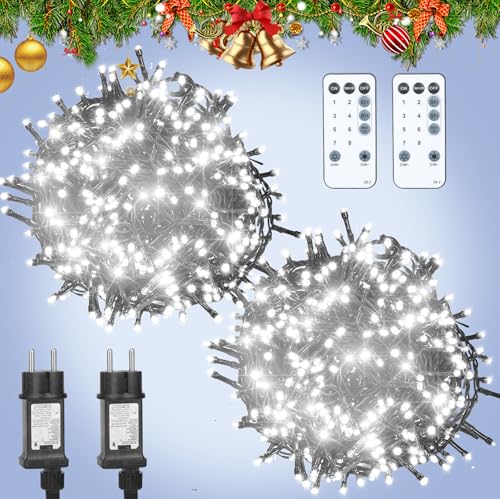 litren (2 Stück) 31M 210LEDs Lichterkette Innen mit Stecker Kaltweiß Cluster Lichterkette Weihnachtsbaum Beleuchtung mit Fernbedienung, Timer, 8 Modi, IP65 Wasserdicht Weihnachtsdeko Außen von litren