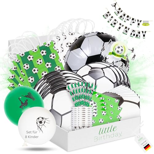 LITTLE BIRTHDAY | Fußball Mottobox für Kindergeburtstag | Motto Party Set | Geburtstagsdeko 8 Kinder | Tischdeko | Raumdeko | Kuchendeko | Einladungskarten | Mitgebseltütchen | Kosten | Zeitersparnis von little Birthday