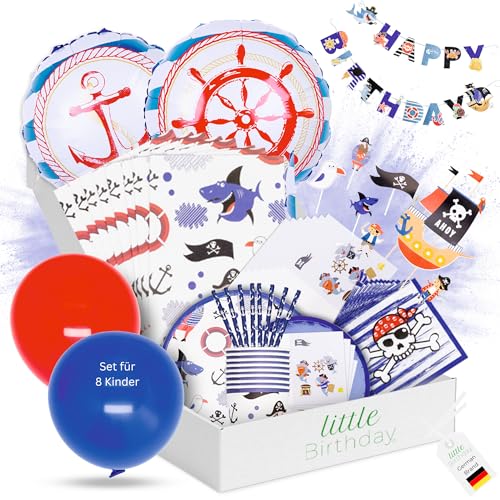 little Birthday | Pirat Mottobox für Kindergeburtstag | Motto Party Set | Geburtstagsdeko 8 Kinder | Tischdeko | Raumdeko | Kuchendeko | Einladungskarten | Mitgebseltütchen | Kosten | Zeitersparnis von little Birthday