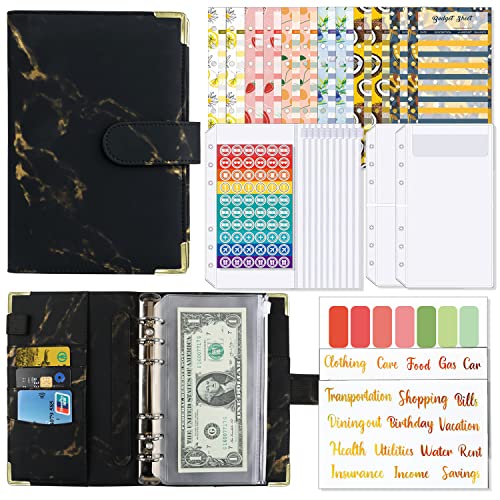 Budget Binder,A6 Budget Planner,PU Ringbuch mit Klar Plastik Binderumschlägen,Budgetblätter,Etikettenaufklebern,Herrscher,Geld Sparen Binder Wallet für Finanzplaner, Buget, Cash Stuffing-Schwarz von liumuyan