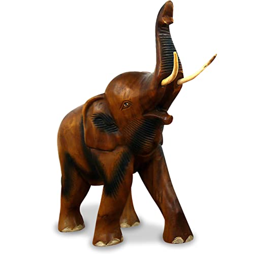 livasia Holzelefant (Rüssel Oben) Tierskulptur aus Massivholz, Holzfigur (großer Elefant) von livasia