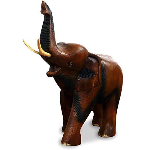 livasia Holzelefant (Rüssel Oben) Tierskulptur aus Massivholz, Holzfigur (mittlerer Elefant) von livasia