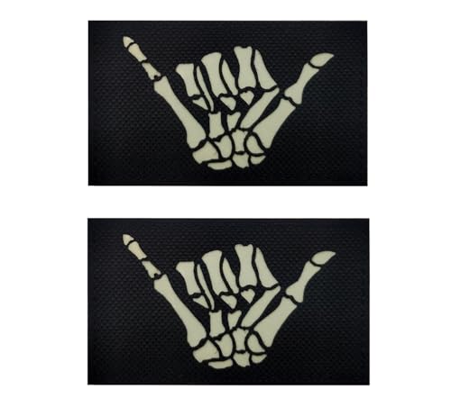 lkLiovaha 2 x leuchtende Skelett-Hand-Shaka-Militär-Patches mit Klettverschluss auf der Rückseite für Hüte, Kleidung, Rucksack (2 Stück, leuchtend) von lkLiovaha