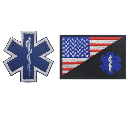 lkLiovaha 2er-Pack USA-Flagge/EMT EMS Star of Life, Medical Aid Cross Logo bestickte Militär-Patches Abzeichen mit Klettverschluss auf der Rückseite von lkLiovaha