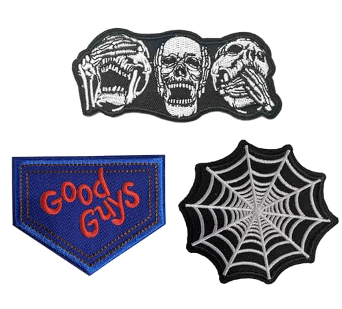 lkLiovaha 3 Stück No Speak Hear See Totenkopf Skelett Patch Spinnennetz Patch Pocket Logo Aufnähen oder Aufbügeln bestickte Patches für Horror Kostüm Halloween Cosplay von lkLiovaha