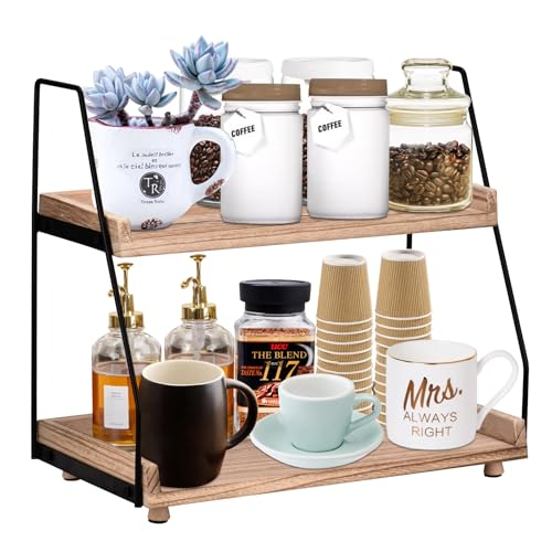 llaneed Kaffee und Tee Organizer, 2-Tier Holz Kaffeebar Zubehör Organizer,Arbeitsplatten Gewürzregal für Küche, Arbeitsplattenregal für Badezimmer von llaneed