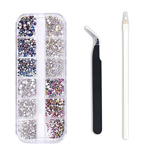 Lofuanna Nail Art Strasssteine Kristall 1440 Stück Kristall AB Strass Diamanten Flache Rückseite Steine Set mit Pick-Up Pinzette und Strass Picker Dotting Pen,Nail Tools Art Dekoration für Nägel (A2) von lofuanna