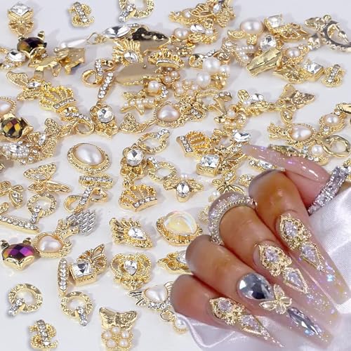 50 Stück Gold Nail Charms Mix Styles Luxus Strasssteine Nägel Perle Legierung Blume Schmetterling Nail Art Charms Metall Nagel Schmuck Glitzersteine Nägel Charms DIY Nail Art Zubehör Frauen Nägel Deko von lohill