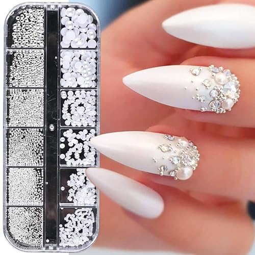 Lohill 1 Schachtel 12 Größe Nail Art Strasssteine,Weiße Perlen Für Nägel Halbrunde Perlenkugeln Nail Charms Klein Edelstahl-Perlen Caviar Beads Weiße Flatback-Perlen für Frauen Acryl Dekorationen von lohill