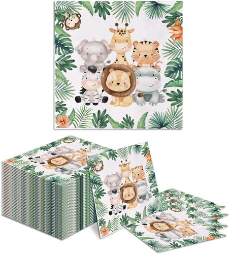 Lohill 20 Stück Servietten Kindergeburtstag,Servietten Dschungel,Party Motiv Tiere,Blätter,Grün für waldtiere Geburtstag und servietten tiere 33x33cm von lohill