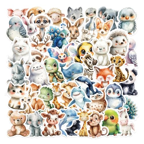 50 Stück Tiere Sticker Set Süße Tiersticker Aufkleber Tiere Kinder Vinyl Wasserdichte Sticker mit Niedlichen Aquarellen Tiere Motiven für Kindle Scrapbook Laptop Telefon Wasserflasche Fahrrad Koffer von lokxmve