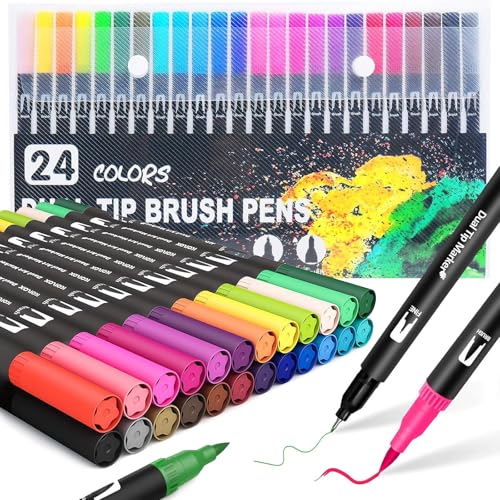 lomdung 24 Farben Filzstifte, Dual Brush Pen Set, Filzstifte Dicke und Dünne, Sicher Ungiftig und Lichtecht Fließend Schreiben, Art Marker Stift zum Bullet Journal Zeichnen Sketchen Malen Manga von lomdung