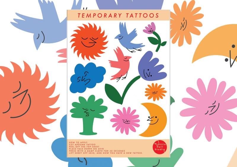 Temporäre Tattoos - 10Er Set Natur A5 Bogen | Sonne Mond Baum Vögel Wolke Blumen Natur-Liebhaber-Geschenk Illustrierte Tattoos Kunst Tattoo von lottiehallstudiouk