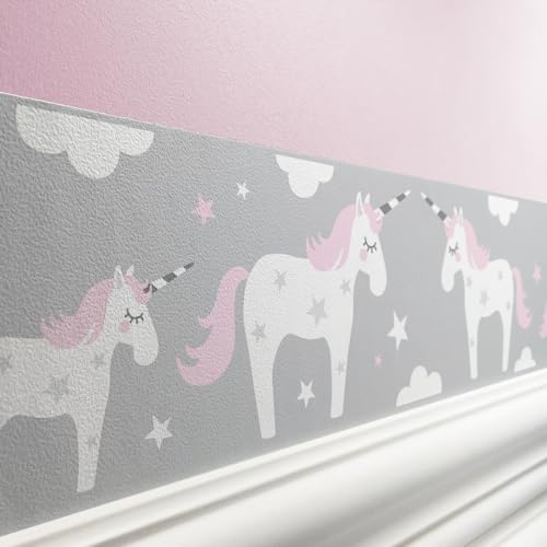 lovely label Bordüre selbstklebend EINHORN ROSA GRAU - Wandbordüre Kinderzimmer Babyzimmer mit Einhörner - Wandtattoo Schlafzimmer Mädchen – Wanddeko Baby Kinder von lovely label