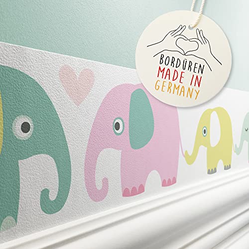 lovely label Bordüre selbstklebend Elefant BUNT - Wandbordüre Kinderzimmer Babyzimmer mit Elefanten - Wandtattoo Schlafzimmer Mädchen & Junge – Wanddeko Baby Kinder von lovely label