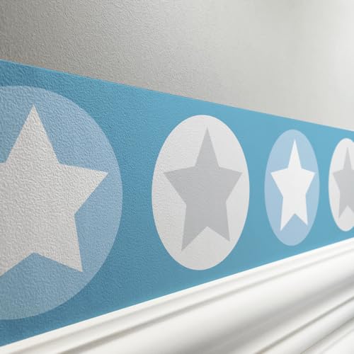 lovely label Bordüre selbstklebend STERNE BLAU GRAU - Wandbordüre Kinderzimmer Babyzimmer mit Sternen - Wandtattoo Schlafzimmer Junge – Wanddeko Baby Kinder von lovely label