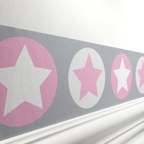 lovely label Bordüre selbstklebend Sterne ROSA GRAU - Wandbordüre Kinderzimmer Babyzimmer mit Sternen - Wandtattoo Schlafzimmer Mädchen – Wanddeko Baby Kinder von lovely label