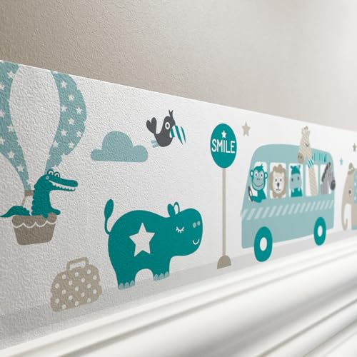 lovely label Bordüre selbstklebend TIERE ON TOUR MINT TAUPE - Wandbordüre Kinderzimmer Babyzimmer mit Elefant im Auto - Wandtattoo Schlafzimmer Mädchen & Junge – Wanddeko Baby Kinder von lovely label