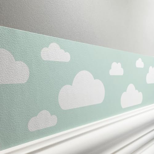 lovely label Bordüre selbstklebend WOLKE MINT GRÜN - Wandbordüre Kinderzimmer Babyzimmer mit Wolken - Wandtattoo Schlafzimmer Mädchen & Junge – Wanddeko Baby Kinder von lovely label