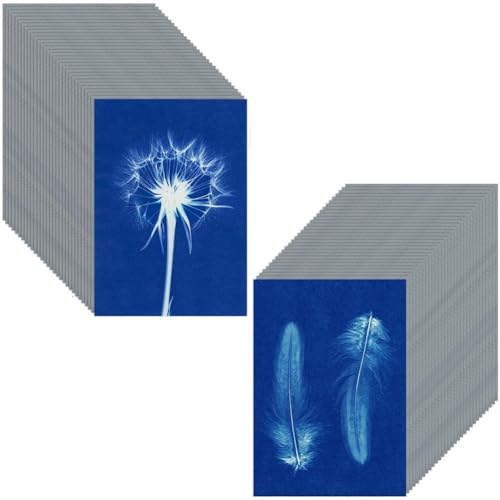 loweo 60 Blatt Sun Print Papier Cyanotype Papier Kit A5 Sun Art Papier mit 1 Kunststoffwerkzeug für Sonnendruck, Solarpapier von loweo