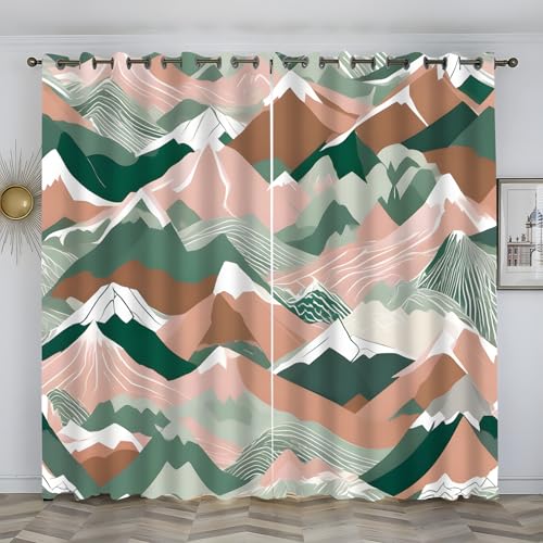 Bunt Gardinen Japanischer Berg Vorhang 3D Weicher Blickdichte Vorhänge Thermovorhang Kälteschutz Schlaufenschal 2er Set mit Ösen für Schlafzimmer Wohnzimmer Kinderzimmer, 245x140 cm(HxB), Grün von loyaltyer