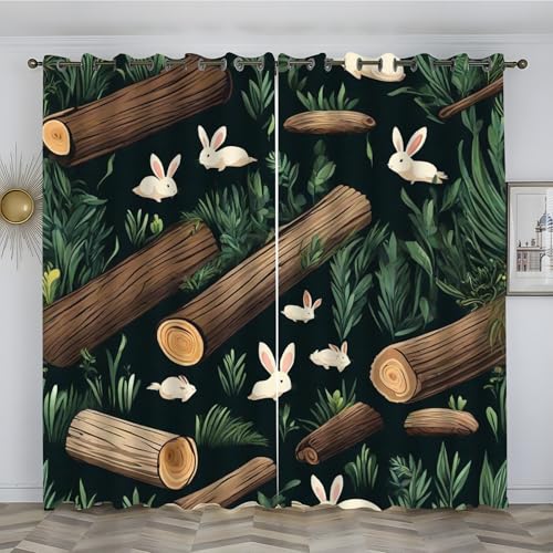 Gardinen Holz, Vorhang 3D Weicher Blickdichte Vorhänge Thermovorhang Kälteschutz Schlaufenschal 2er Set mit Ösen für Schlafzimmer Wohnzimmer Kinderzimmer, 280x140 cm(HxB), Kaninchen, Schwarz von loyaltyer