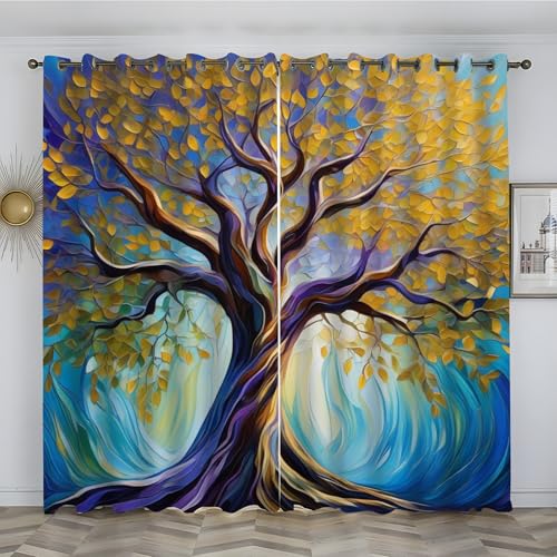 Vorhang Goldene Blätter, Vorhänge Blickdicht Schallschutz Verdunklungsvorhänge Thermovorhang für Wohnzimmer Kinderzimmer Mädchen Junge Schlafzimmer ösen Gardine 2x160x140 cm(HxB), Baum, Blau von loyaltyer