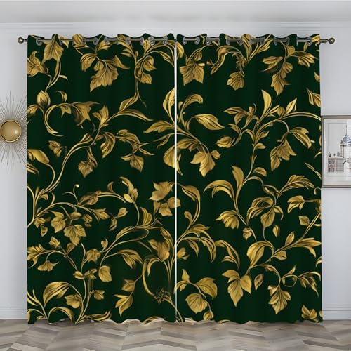 loyaltyer Vorhänge Gold, Verdunklungsvorhänge mit Ösen Blickdicht Thermovorhang Schallschutzvorhang für Wohnzimmer Kinderzimmer Schlafzimmer Verdunkelungsvorhänge, 2x220x140 cm(HxB), Blumen, Schwarz von loyaltyer