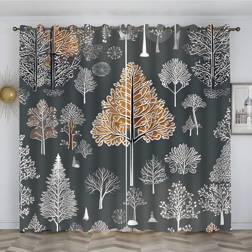 loyaltyer Vorhänge Herbst, Verdunklungsvorhänge 2 er Set Ösen Thermovorhang Schallschutzvorhang für Wohnzimmer Kinderzimmer Schlafzimmer Verdunkelungsvorhänge, 2x200x140 cm(HxB), Bäume, grau von loyaltyer