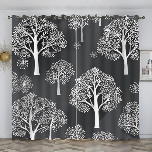 loyaltyer Vorhänge Muster, Vorhang Blickdicht Gardinen mit ösen für Wohnzimmer Modern Kinderzimmer Schlafzimmer Deko Verdunklungsvorhänge 2er Set 137x117 cm(HxB), Baum, grau von loyaltyer