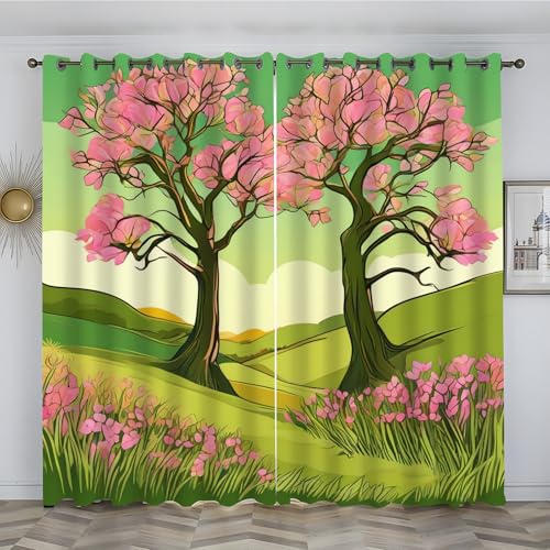 loyaltyer Vorhänge Pinke Blume, Vorhang Blickdicht Gardinen mit ösen für Wohnzimmer Modern Kinderzimmer Schlafzimmer Deko Verdunklungsvorhänge 2er Set 137x117 cm(HxB), Baum, Grün von loyaltyer