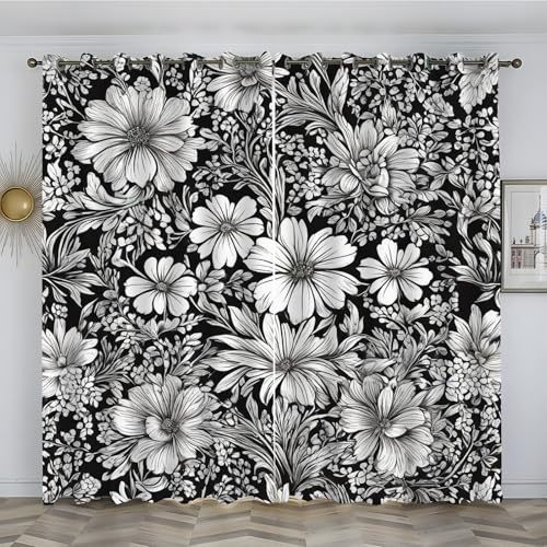 loyaltyer Vorhänge Weiß, Verdunklungsvorhänge 2 er Set Ösen Thermovorhang Schallschutzvorhang für Wohnzimmer Kinderzimmer Schlafzimmer Verdunkelungsvorhänge, 2x200x140 cm(HxB), Blumen, Schwarz von loyaltyer