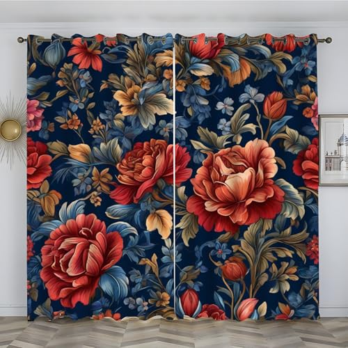 loyaltyer Vorhänge bunt, Verdunklungsvorhänge mit Ösen Blickdicht Thermovorhang Schallschutzvorhang für Wohnzimmer Kinderzimmer Schlafzimmer Verdunkelungsvorhänge, 200x140 cm(HxB), Blumen, Blau von loyaltyer