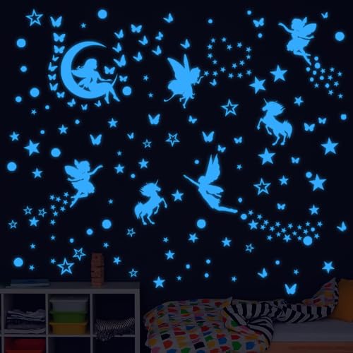 Leuchtendes Wandtattoo Kinderzimmer Fairy, Wandtattoo Schmetterlinge Feen Leuchtend, Aufkleber Fluoreszierend Wandsticker für Kinder Mädchen Babyzimmer Schlafzimmer Spiegel Dekoration（blau） von lriattp