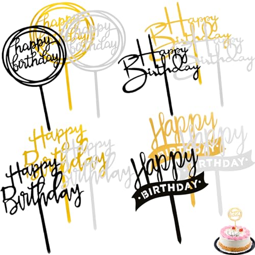 luckaide Happy Birthday Tortendeko, 12 Stück Cake Topper Happy Birthday Tortendeko Gold, Happy Birthday Topper, Verschiedene Formen Acryl Glitter Geburtstag für Mädchen, Kinder, Hochzeit(Gemischter) von luckaide